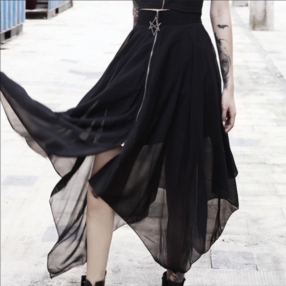 Dresses & Skirts - NEW Black Midi Skirt Flowing Goth Punk Large
